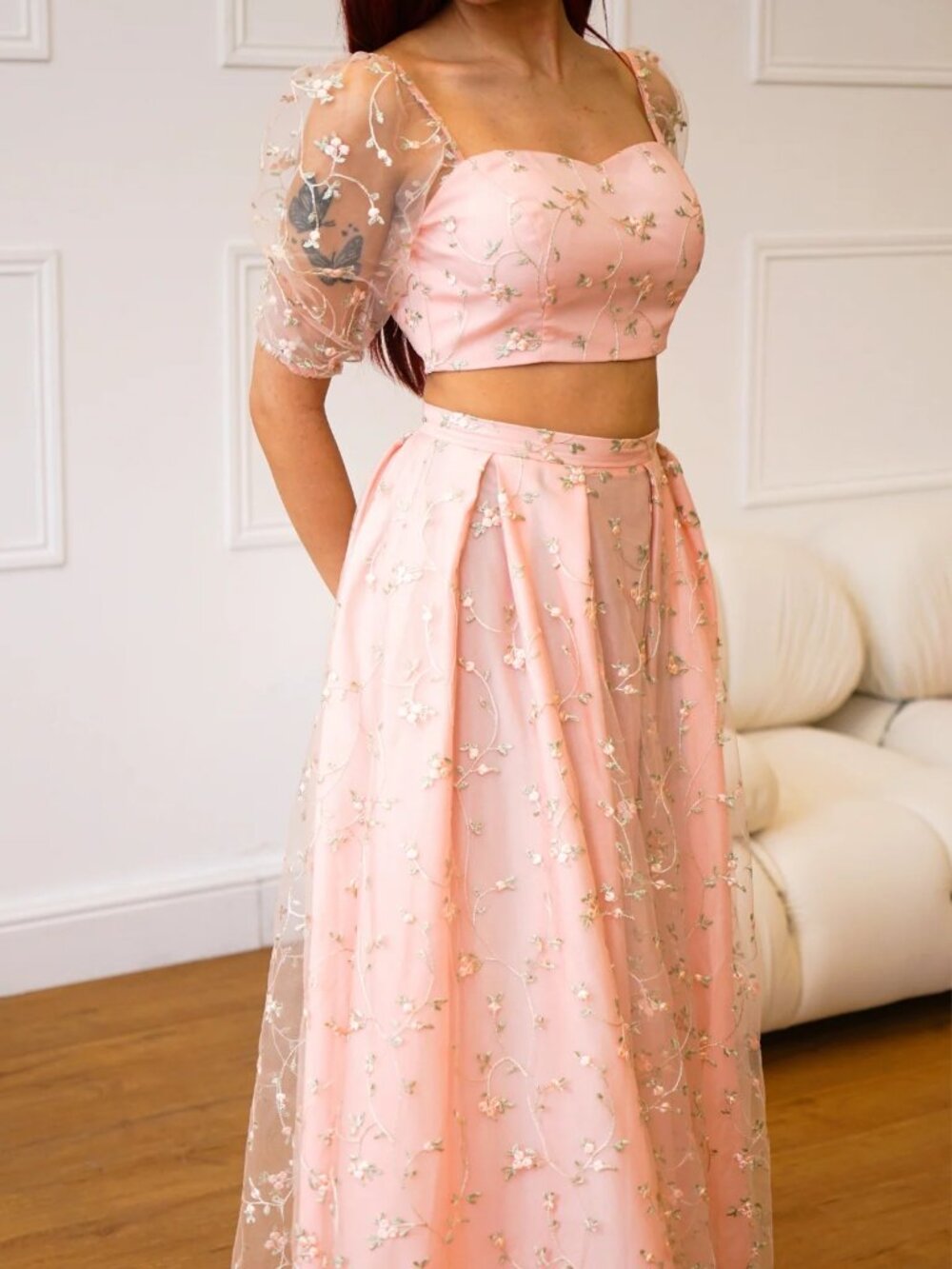 Pink Floral Maxi Skirt - Elegant Sheer Overlay